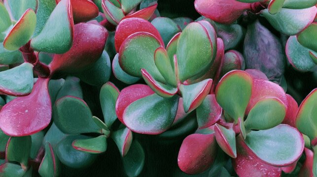 Close-up of Crassula ovata jade plant with green and red succulent leaves