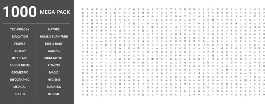 Big set of 1000 thin line web icons such as Nature, Food,drink, Interface, Business, Technology, People, Fitness, Home,furniture, Geometric, Infographic, Gaming, Kids,baby, Hygiene, History