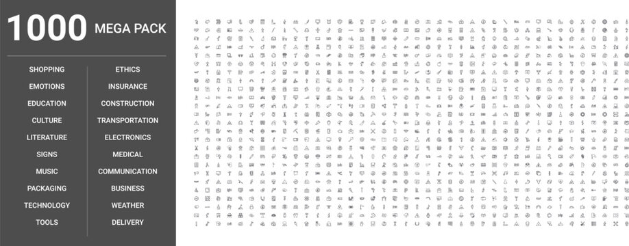 Big set of 1000 thin line web icons such as Communication, Medical, Technology, Transportation, Education, Business, Music, Construction, Shopping, Delivery, Weather, Emotions, Signs, Tools, Culture