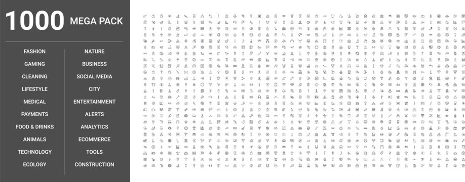 Big set of 1000 thin line web icons such as Technology, Food,drinks, Ecommerce, Fashion, Animals, Business, Construction, Entertainment, Tools, Ecology, City, Cleaning, Medical, Alerts, Gaming