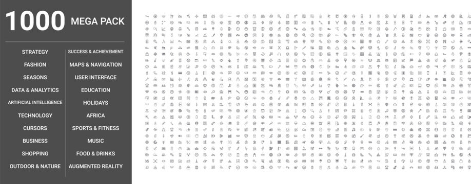 Big set of 1000 thin line web icons such as User interface, Education, Technology, Business, Shopping, Food,drinks, Music, Holidays, Sports,fitness, Artificial intelligence, Maps,navigation