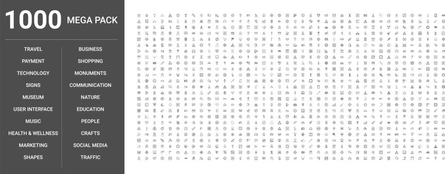 Big set of 1000 thin line web icons such as Social media, Business, Technology, Travel, People, Nature, Music, Payment, Signs, User interface, Shapes, Traffic, Monuments, Museum, Marketing, Shopping