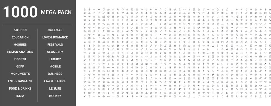 Big set of 1000 thin line web icons such as Holidays, Business, Education, Food,drinks, Mobile, Entertainment, Sports, Love,romance, Hobbies, Law,justice, Kitchen, Monuments, Luxury, Human