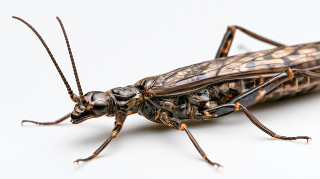 Detailed Closeup of Dark Coloured Stonefly Plecoptera on White Background