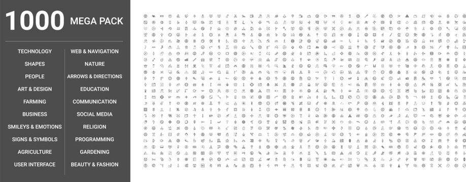 Big set of 1000 thin line web icons such as Nature, Business, User interface, Signs,symbols, Technology, People, Shapes, Smileys,emotions, Art,design, Agriculture, Gardening, Farming, Religion
