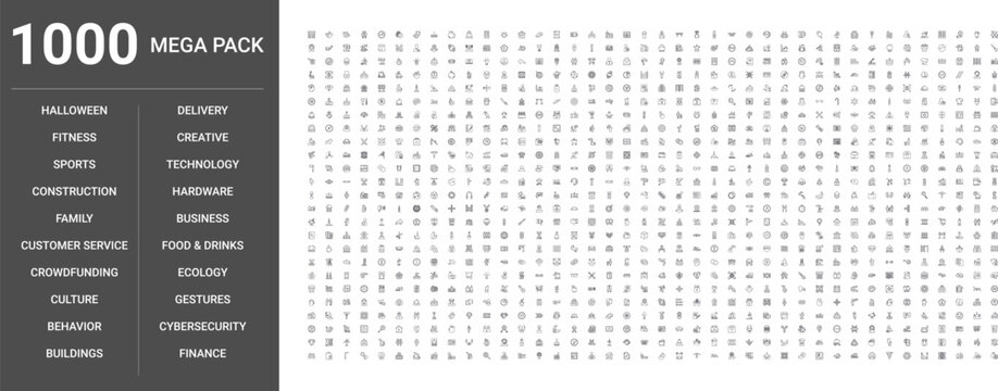Big set of 1000 thin line web icons such as Construction, Delivery, Business, Technology, Finance, Food,drinks, Fitness, Ecology, Gestures, Buildings, Hardware, Customer service, Creative, Sports