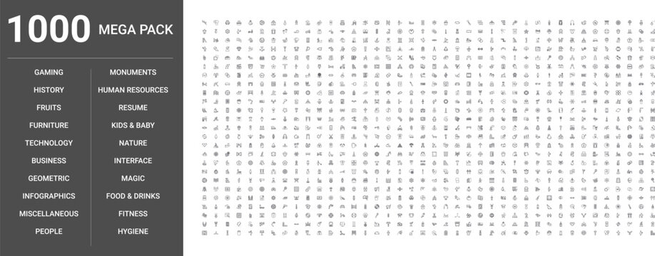 Big set of 1000 thin line web icons such as People, Nature, Business, Food,drinks, Technology, Interface, Fitness, Infographics, Geometric, Furniture, Kids,baby, Hygiene, Gaming, Monuments