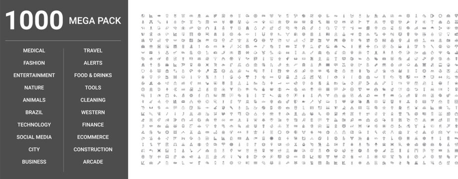 Big set of 1000 thin line web icons such as Food,drinks, Entertainment, Animals, Technology, Ecommerce, Business, Fashion, Construction, Tools, Medical, City, Nature, Alerts, Cleaning, Arcade