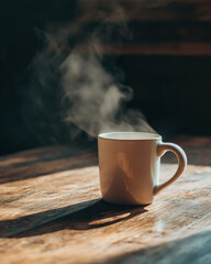 Fototapeta premium White ceramic mug steam hot beverage, morning drink on rustic wooden table