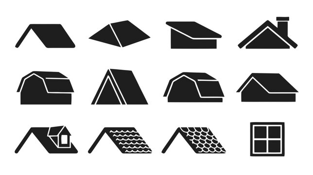 Vector illustration of set of various roof types and house roof icons on a transparent background