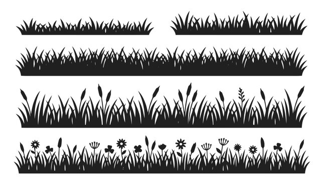 Vector illustration of set of grass silhouettes and floral borders on a transparent background