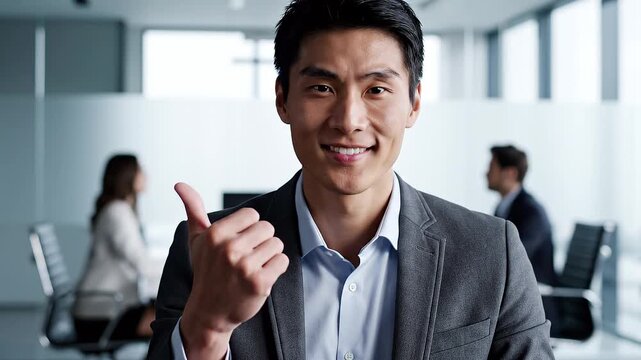 Portrait of a happy smiling Asian businessman giving a thumbs up sign while standing inside a modern corporate office with colleagues working in the blurred background