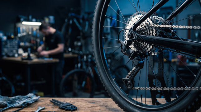 A mechanic is focused on fixing bicycle parts in a workshop. Tools and bike parts are arranged on wooden tables. The setting has low light with shadows enhancing the scene