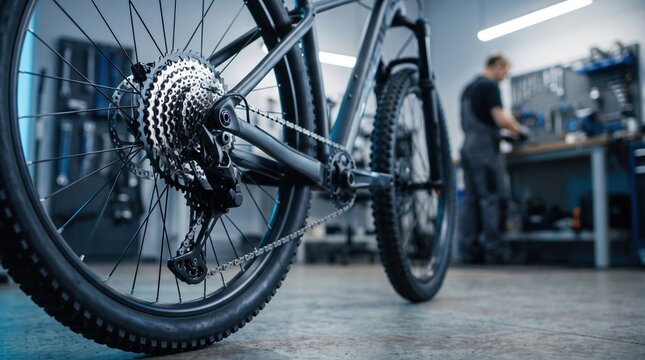 A bicycle is in a workshop, showing the gears and chain while a person works on equipment nearby. Tools are arranged on a table in the background