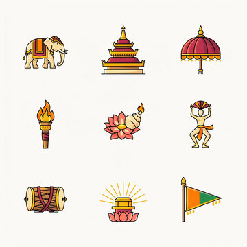 Esala Perahera Festival Colorful Vector Icon Pack &ndash; 10 Flat Editable SVG Icons Featuring Decorated Elephant, Buddhist Temple, Lotus Flower, Ceremonial Umbrella & Traditional Festival Elements
