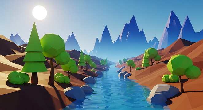 Low poly landscape with river and mountains landscape mountains environment geometric illustration minimalist