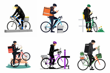 Naklejka premium Set of flat vector illustrations depicting bicycle delivery couriers using smartphones, maps, and navigation devices in various professional poses.