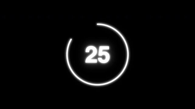 Animated white neon glowing circle segment countdown timer from 29 to 0 on a dark background, clean and minimalist design, concept for game intros, event deadlines and waiting screens.