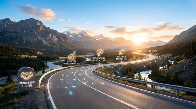 Autonomous Vehicles on a Smart Highway in a Mountainous Landscape at Sunset.