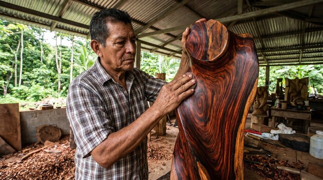 Panamanian Cocobolo Wood Artisan Polishing Exotic Hardwood Sculpture by Hand