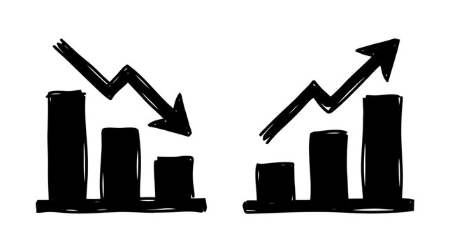 Vector illustration of hand drawn bar charts with arrows showing growth and decline on a transparent background