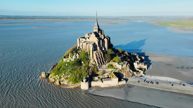 Historic Monastery Mont Saint-Michel tidal island in Normandy, France. Aerial drone view