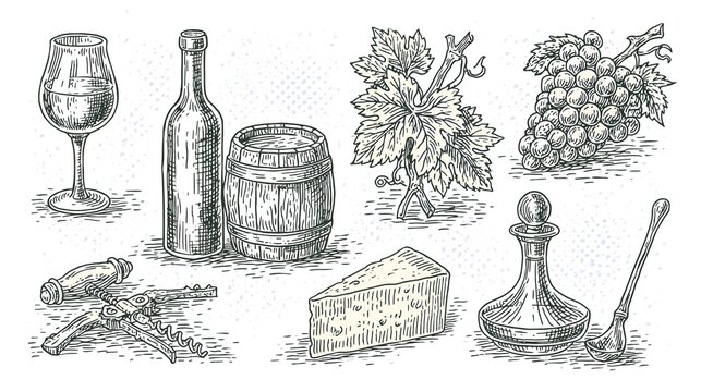 Hand drawn wine, cheese, grapes, and barrel set.