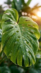 Obraz premium Large green leaf with water droplets glints in sunlight.