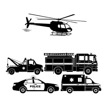 Black and white vintage aircraft and emergency vehicles.