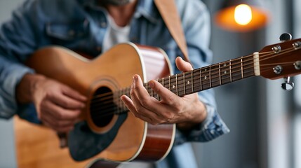 Obraz premium Man plays acoustic guitar, wearing jeans jacket