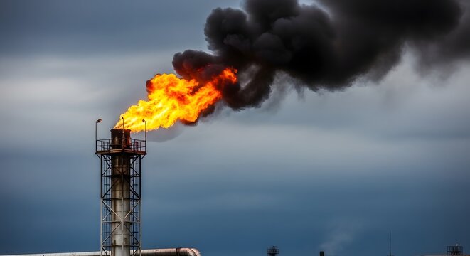 An industrial flare stack emits flame and thick smoke into the sky