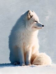 Fototapeta premium An arctic fox sitting regally on a snowy landscape. The fox's thick white fur stands out against the icy backdrop, and its eyes are closed in contentment. A slight mist emanates from its breath.