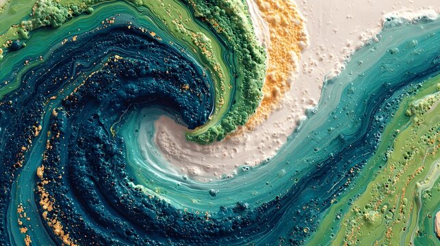 Abstract swirl of colors resembling a breaking wave with sandy textures and golden flecks, evoking a sense of dynamic motion and natural beauty