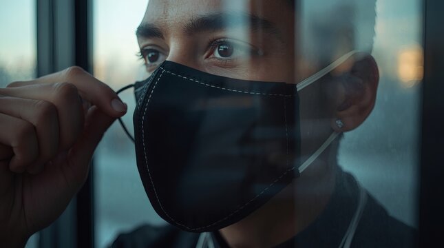 Young man wearing a black face mask looking out a window with a thoughtful expression