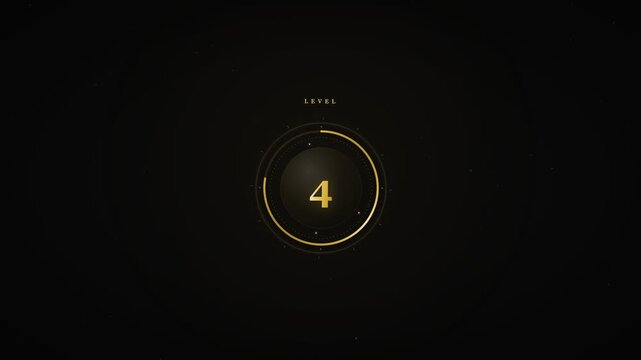 A luxury golden circular HUD progress bar animating and counting from level 1 to 5, concluding with a "MASTERED" achievement text and expanding gold rings on a dark particle background