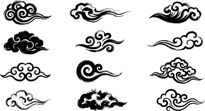 Traditional Chinese and Japanese Style Decorative Cloud Vector Elements Collection with Oriental Hand Drawn Grunge Ink Textures for Asian Cultural Designs
