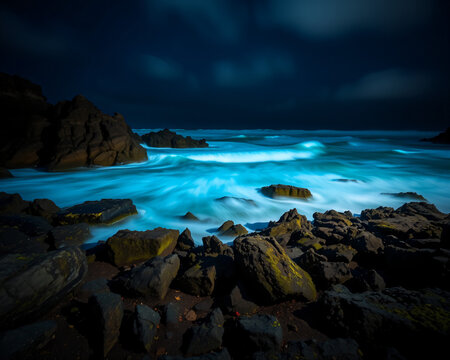 C&ocirc;te rocheuse sauvage baign&eacute;e d'une lumi&egrave;re bleu-turquoise nocturne, vagues lumineuses &eacute;clatant sur les rochers dans une atmosph&egrave;re mysti&eacute;rieuse et envo&ucirc;tante sous le ciel &eacute;toil&eacute;