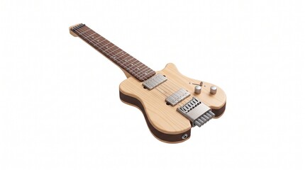 Obraz premium Modern electric travel guitar crafted from light-colored wood, presented in a clean studio shot