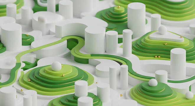 3D topographical map model showing green tiered hills and white abstract structures with topographical landscape architecture abstract planning geography structure elevation geometric