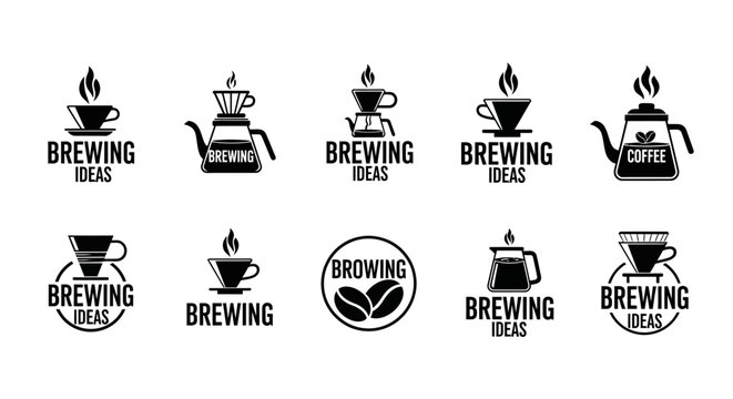 Black coffee brewing icons set.