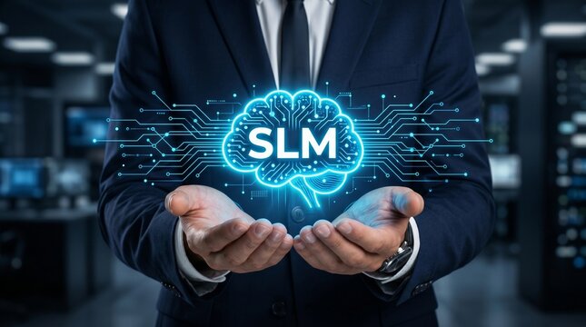 Businessman Holding Holographic SLM Brain with Circuit Lines, Representing Small Language Model AI Technology Concept for Business