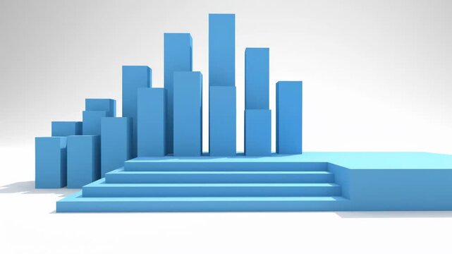 Minimalist 3D rendering showing vertical pastel blue rectangular pillars on a tiered platform. High-angle view of geometric blocks with soft shadows on a neutral studio background.