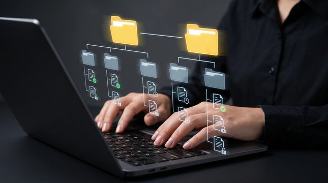 Document Management System DMS with Folder Structure. Classification System with File and Folder Icons. Businessman Using Laptop for Version Control
