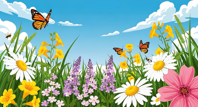 Summer meadow with colorful wildflowers and butterflies flying under sunny sky wildflowers butterflies sunshine blooming colorful landscape botanical environment