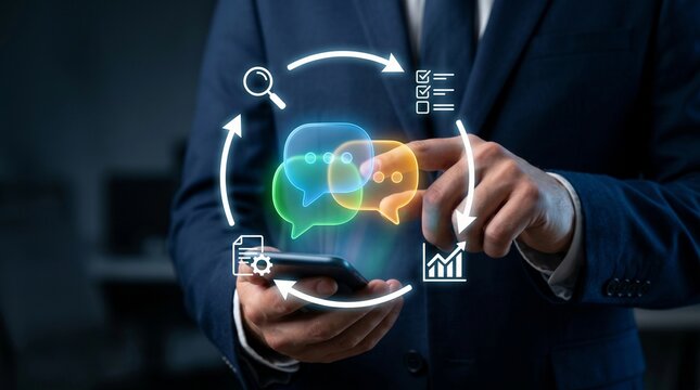 Feedback Loop Strategy for Business Process Improvement. Man Using Digital Communication to Optimize Workflow with PDCA and OODA Cycles