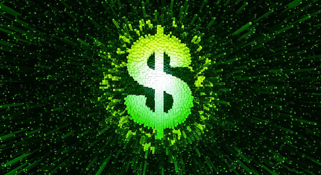 Digital dollar sign symbol formed by glowing green binary code fragments with currency investment business technology abstract