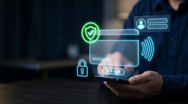 Secure Online Payment and Mobile Banking Concept. Smartphone User with Digital Credit Card Interface, Password Login and Data Protection Shield
