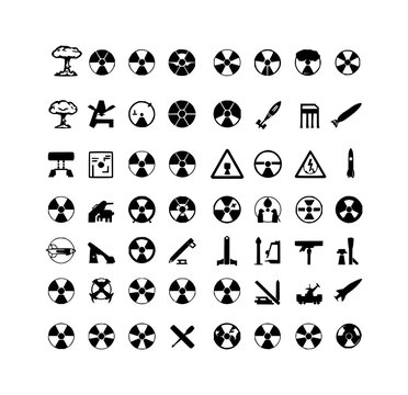 Nuclear weapon symbols set with a 4x4 grid of black and white minimalist vector icons featuring mushroom cloud, atomic symbol, radiation warning signs with bombs and missiles