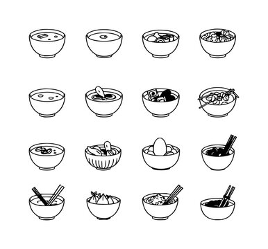 Asian dishes set with 24 simple black-and-white line drawings arranged in a 6x4 grid featuring sushi, dumplings, noodles, rice, soup with minimalist illustration and vector graphics