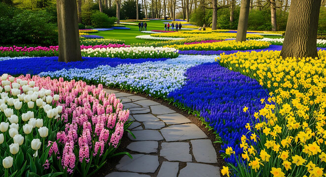 Winding stone path through a colorful spring flower garden with tulips and hyacinths colorful landscape hyacinths seasonal blooming botanical springtime